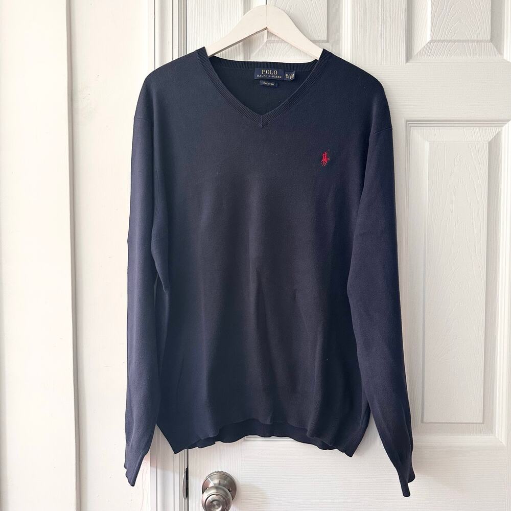 Polo Ralph Lauren Navy Blue Pima Cotton V Neck Lightweight Sweater Knit XL